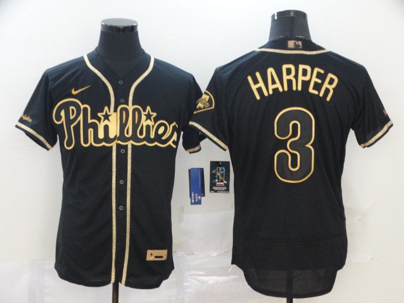 Men Philadelphia Phillies #3 Harper Black Retro gold character Nike MLB Jerseys